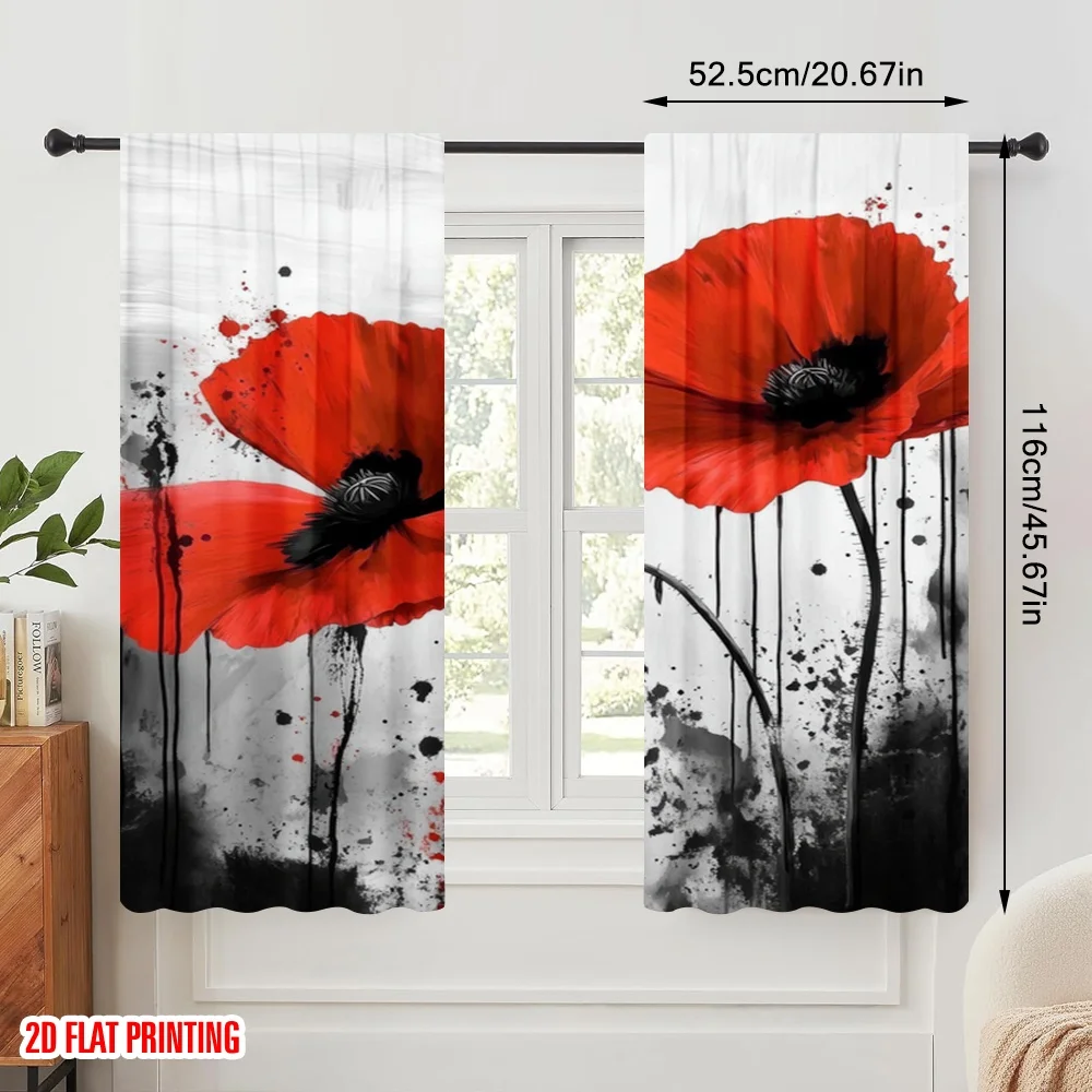 2pcs,2D plane printing Print Curtains Painted Poppies Versatile Fabric (without rod) Versatile All for Bedroom & Living Room,