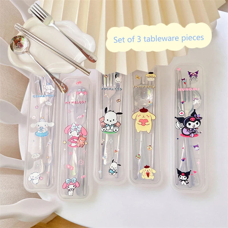 Sanrio Spoon Fork Chopsticks 3 Piece Set Cute Kuromi Pompompurin Hello Kitty Stainless Steel Child Tableware Kitchen Supplies