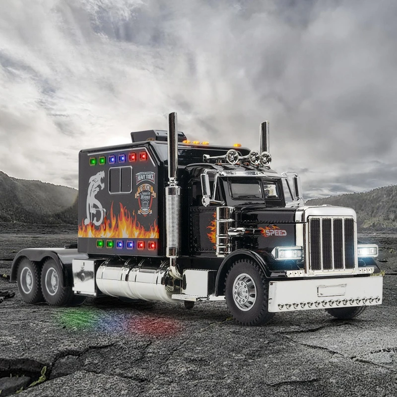 

1:24 389 American Trailer Truck Alloy Car Model Diecast Sound and Light Car Toy Gifts For Children