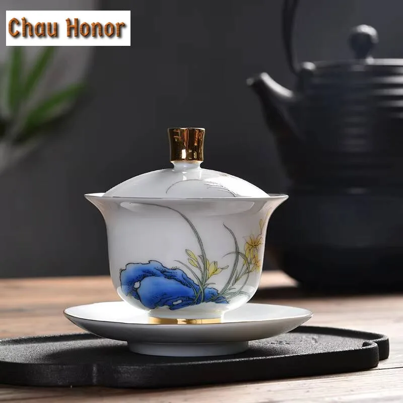 

180ml Pure Gilded Silver Gaiwan Creative Hand Painted Sheep Fat Jade Cup Saucer Tea Tureen Tea Brewing Cover Bowl Teaware Craft