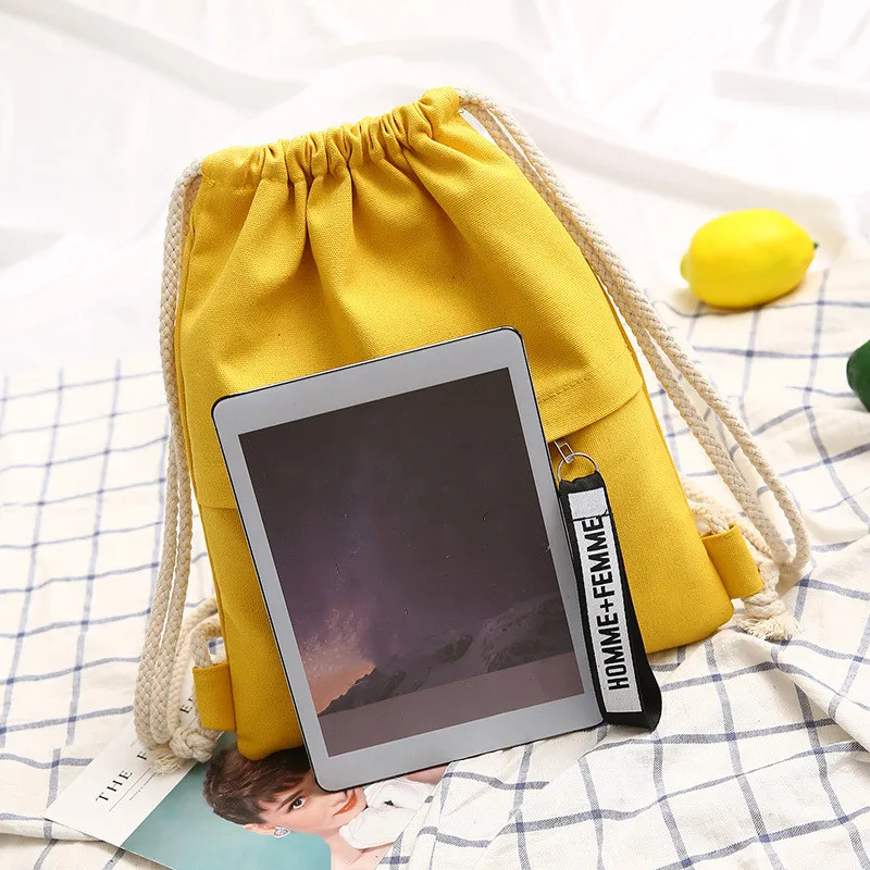 1 Pcs Canvas School Bag Double Shoulder Drawstring Backpack Drawstring Pocket Portable Casual Backpack Women Men Travel Backpack