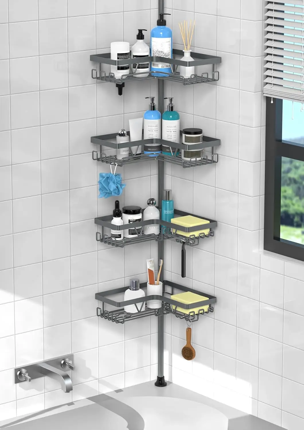 

Adjustable Corner Shower Caddy Tension Pole - Rustproof Floor to Ceiling Organizer, 25-114.2 inch, Dark Gray