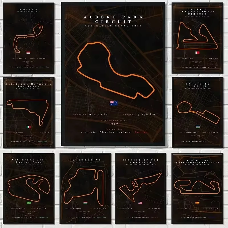 Formula 1 Track Map Posters Monaco Red Bull Ring Yas Marina Baku City Circuit Canvas Painting Posters and Prints Room Home Decor