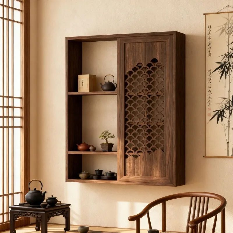 New Chinese Vintage Solid Wood Wall Mounted Tea Set Organizer Storage Shelf Living Room Tea Room Bedroom Home Decor Novelty New