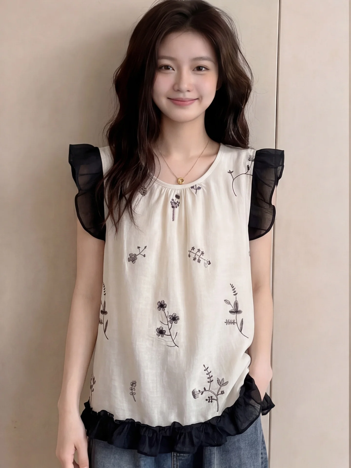 

Elegant Ageless Floral Embroidery Fly Sleeve Shirt Women Summer Design Loose Slim Short Sleeve Top Korean Style Citywalk