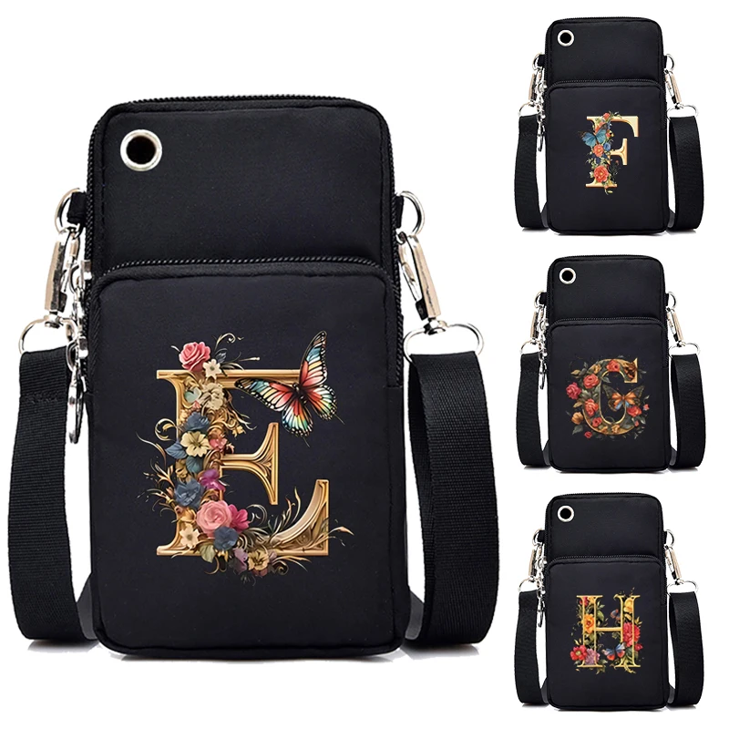 Women Small Crossbody Shoulder Bags Vintage Flower Alphabet Mobile Phone Bag Purse Soft Leather Strap Handbag Mini Messenger Bag