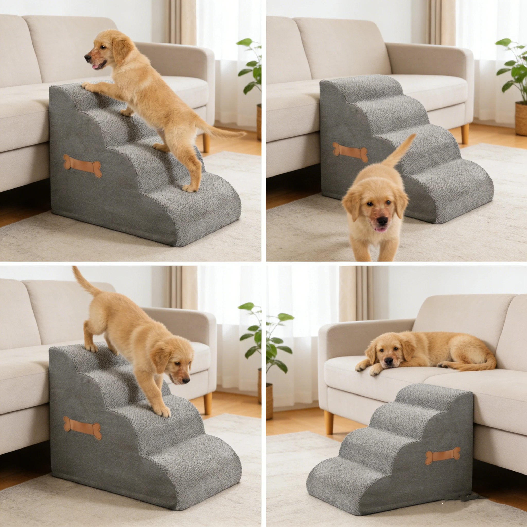

Dog Stairs for Dogs Cats, Non-Slip Pet Steps with Bone Handle, 2/3/4Step Ramp for Couch Bed Sofa, Washable Grey Climbing Ladder