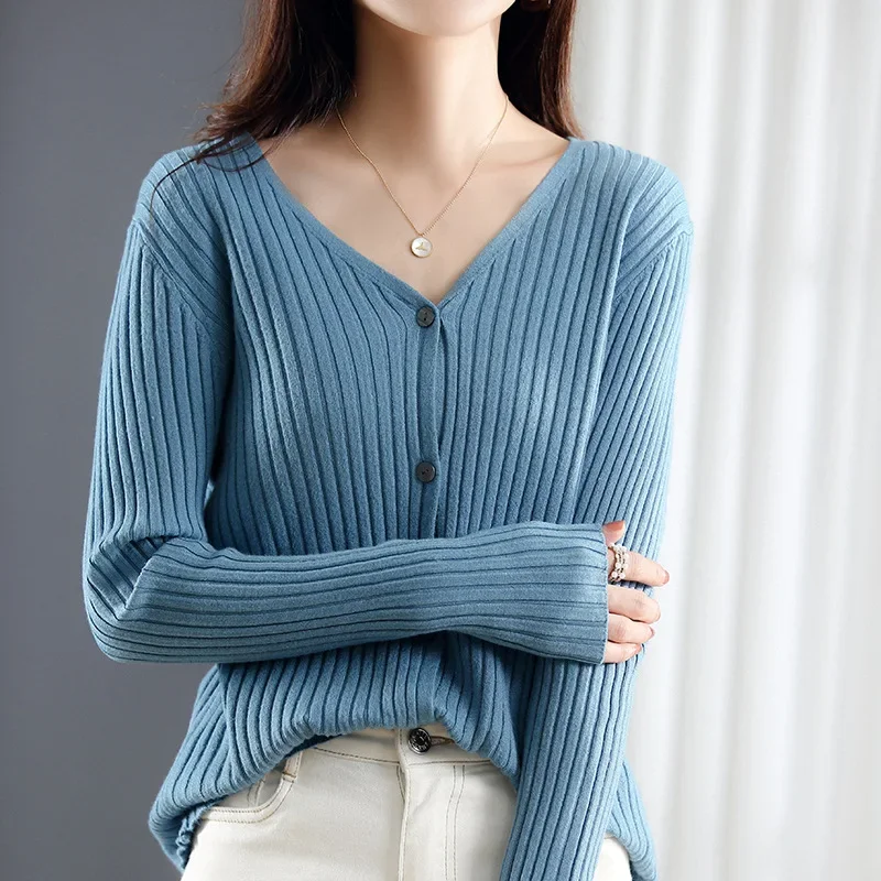 Women Cardigans Spring Autumn Long Sleeve Stripe V-neck Sweater Korean Fashion Single Breasted Knitted Casual Strecth Cardigan