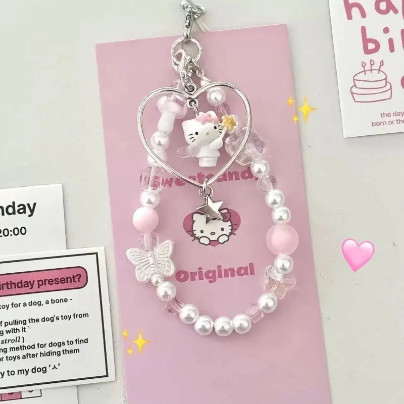 Sanrio Cute Love Angel Hello Kitty Beaded Phone Chain Girl Heart Decorated Hanging Chain Backpack Lanyard Y2K Phone Accessories