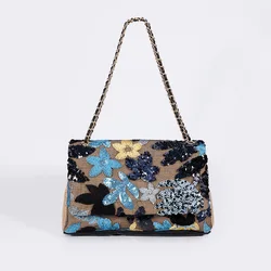 HIGHFOCAL Women Straw Sequin Underarm Flower Pattern Bag Large Capacity New Style Braided Chain Crossbody Border Shoulder Bag C1