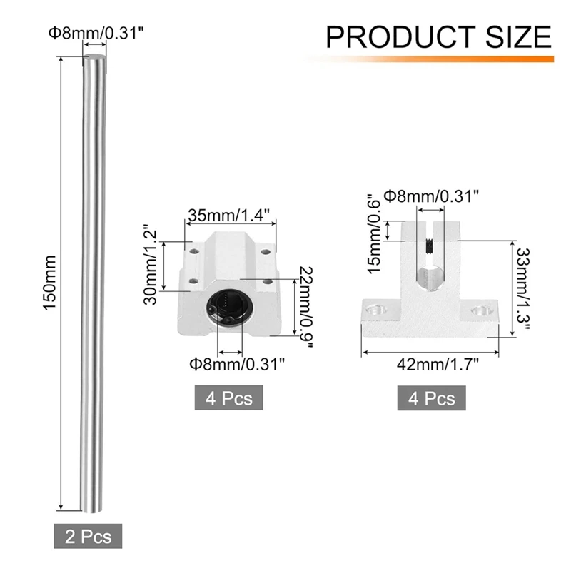 2 قطعة 8 مللي متر x 150 مللي متر الحركة الخطية السكك الحديدية رمح الشريحة دليل مع 4 قطعة محامل و 4 قطعة دعم السكك الحديدية SK8
