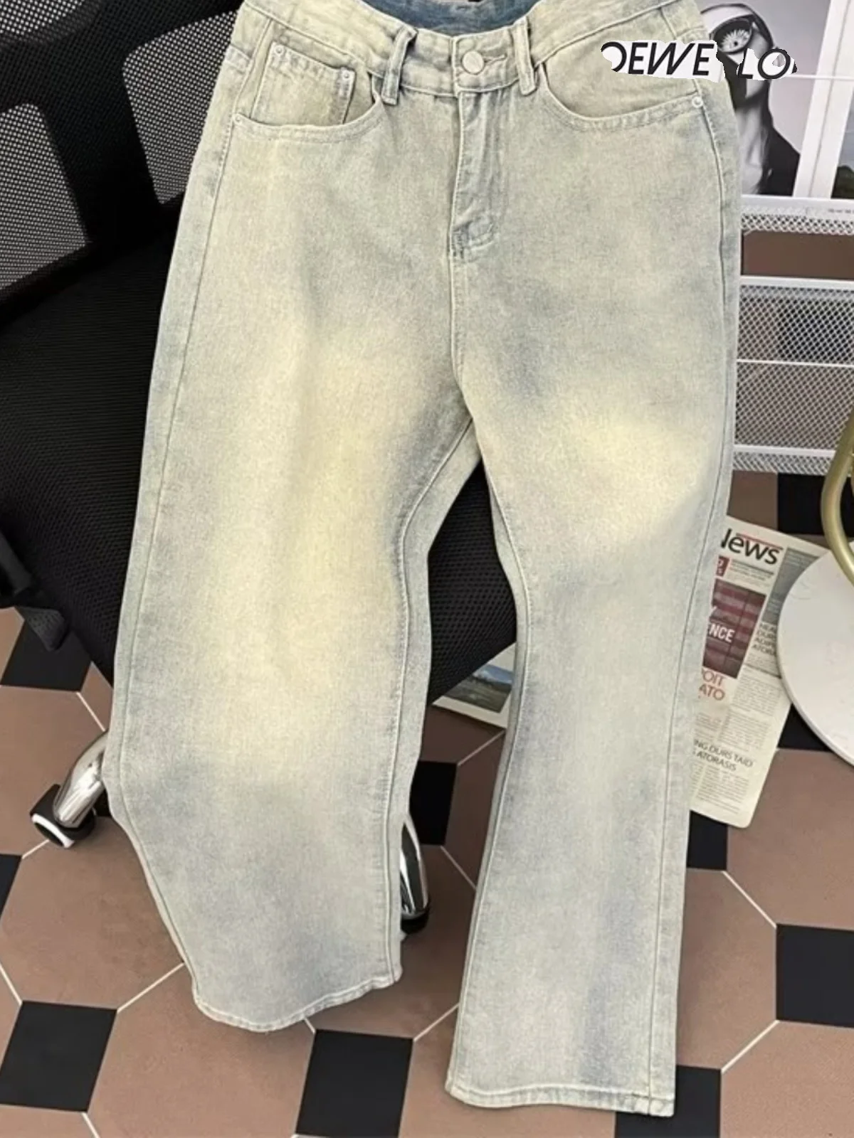 

Mens Yellow Mud Color Straight Leg Jeans Retro Washed Casual Long Trousers Spring Autumn Youth Trendy Wear Resistant