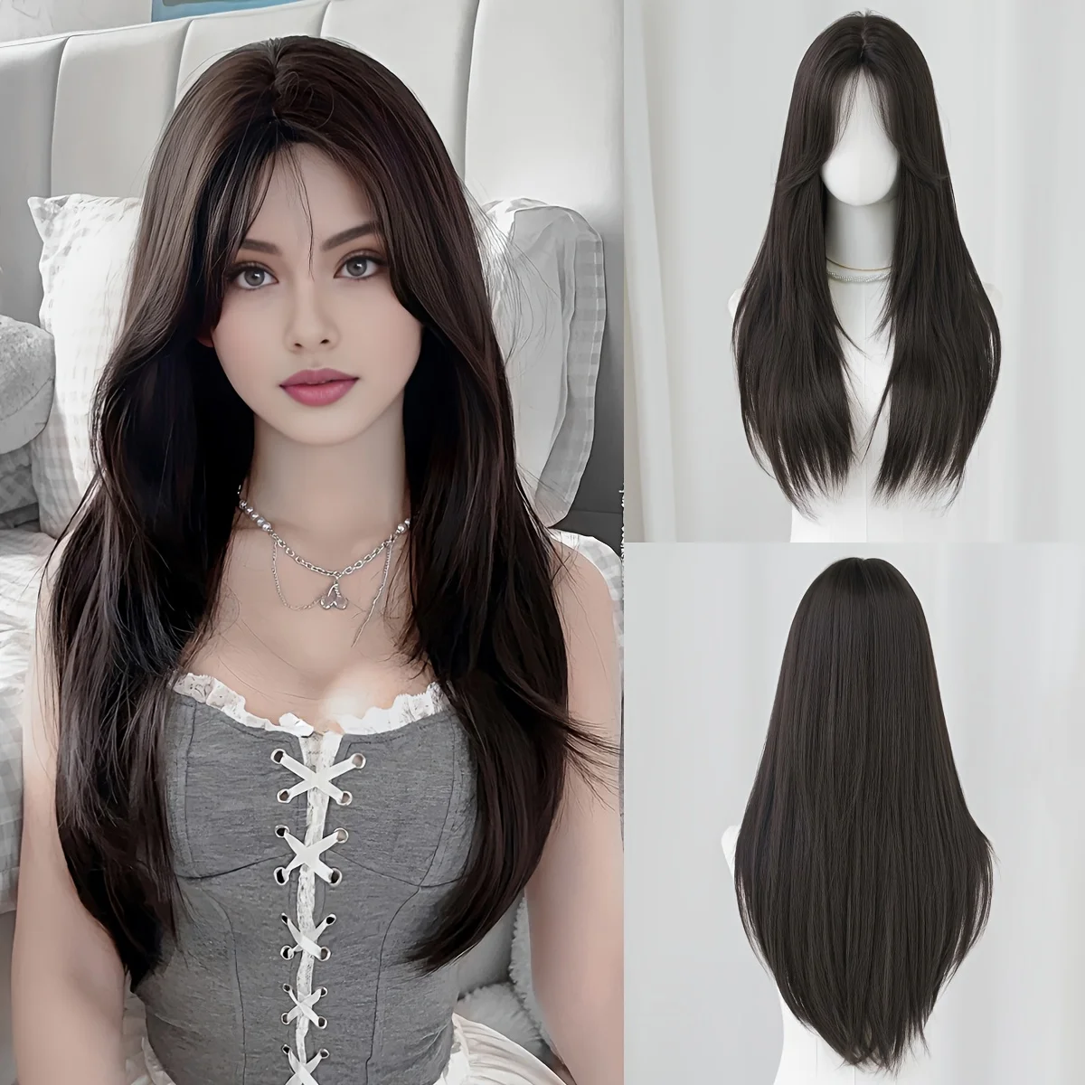 

Элегантный женский длинный прямой темно-коричневый парик из термостойкого синтетического волокна, подходящий для повседневной носки и вечеринок.