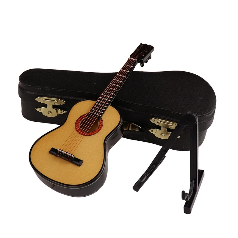 Wooden Miniature Guitar With Stand And Case Mini Musical Instrument Miniature Doll House Model Home Decoration