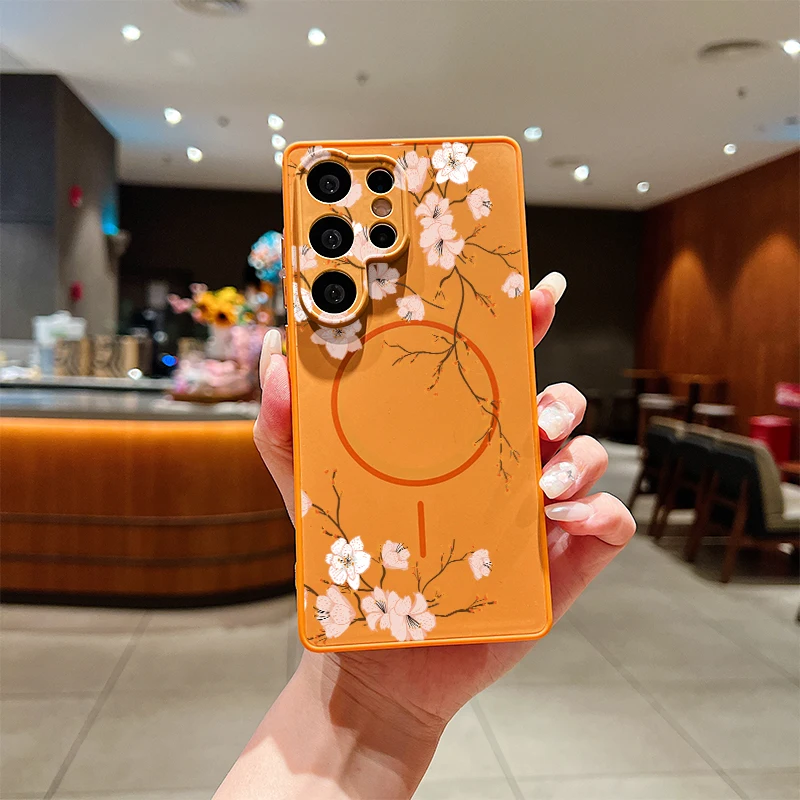 Flower Print Phone Case For Samsung Galaxy S26 Ultra S25 Edge S24 FE S23 Plus S22 For Magsafe Magnetic Lens Protect Cover
