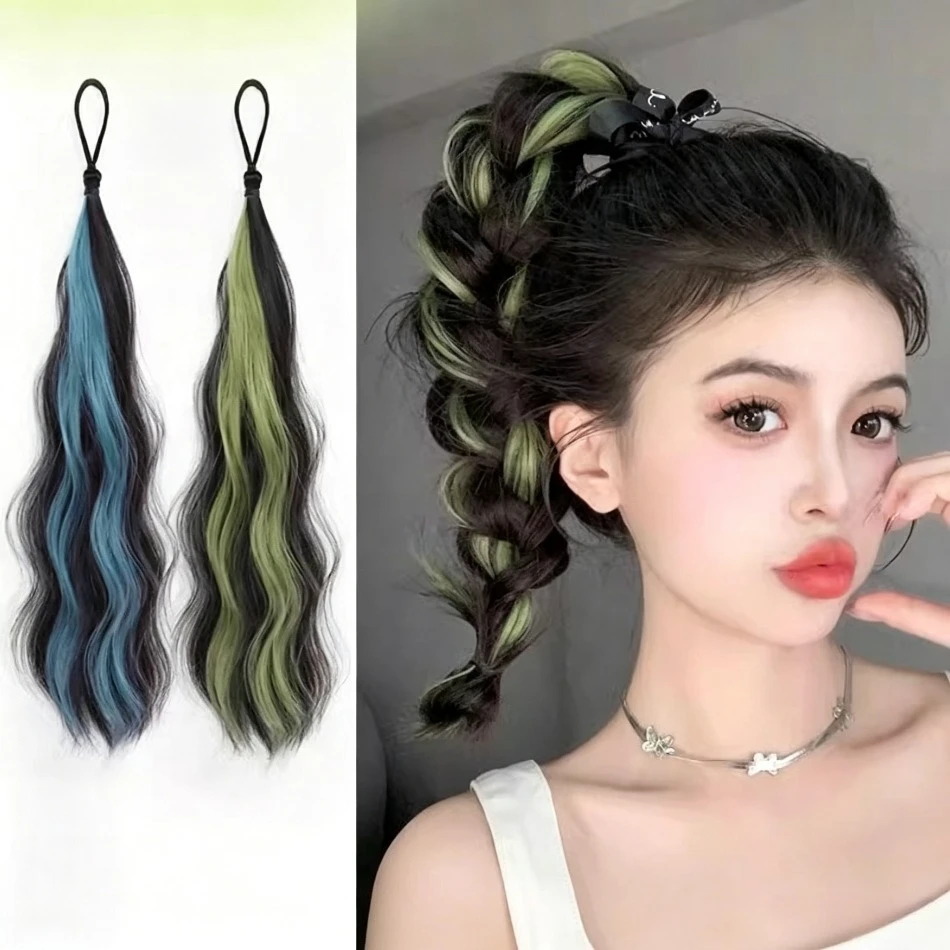 Highlight Wavy Hair Extensions Ponytail Tie Ombre Colorful Wave Hair String Rope Girls Cosplay Party Daily Hair Accessories ZX07