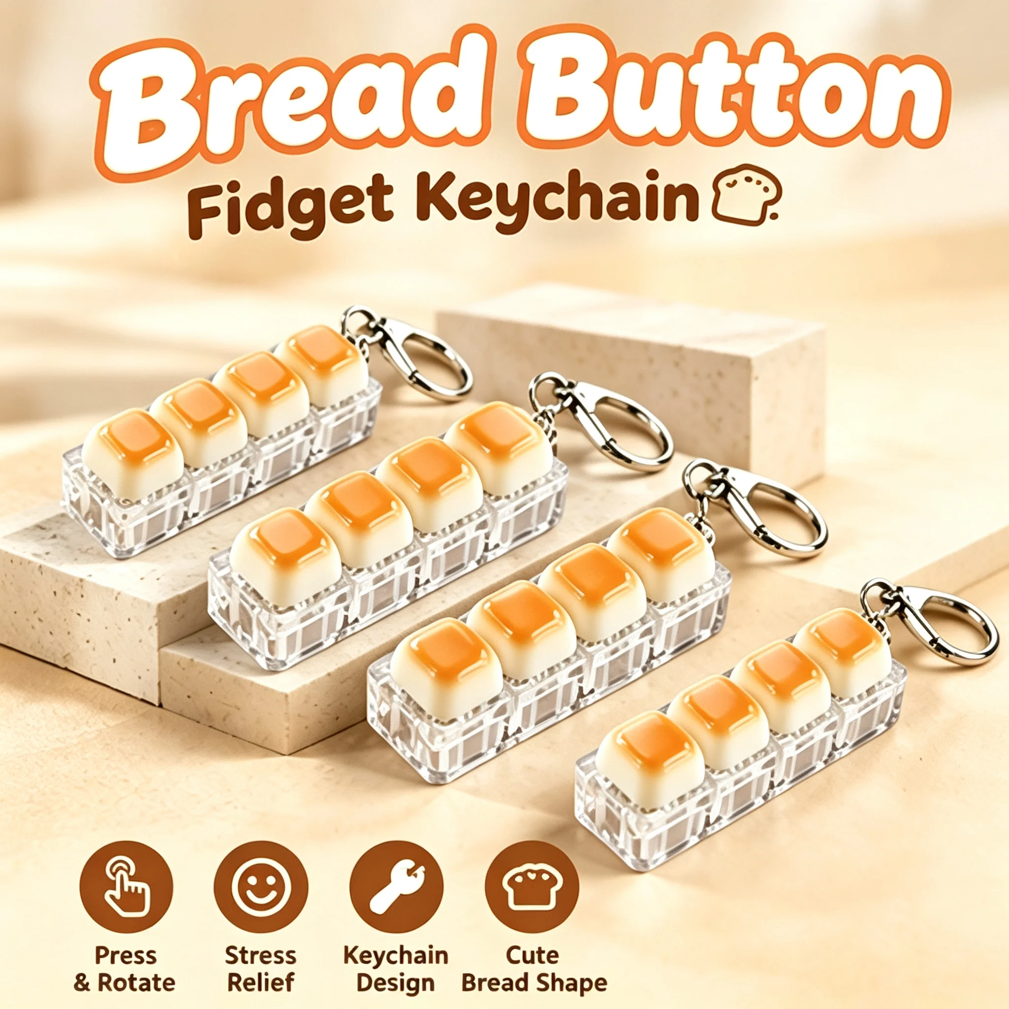4‑Key Bread Shape Fidget Clicker Keychain Mechanical Keyboard Feel Button Press ASMR Sound Sensory Toy Stress Relief Bag Pendant