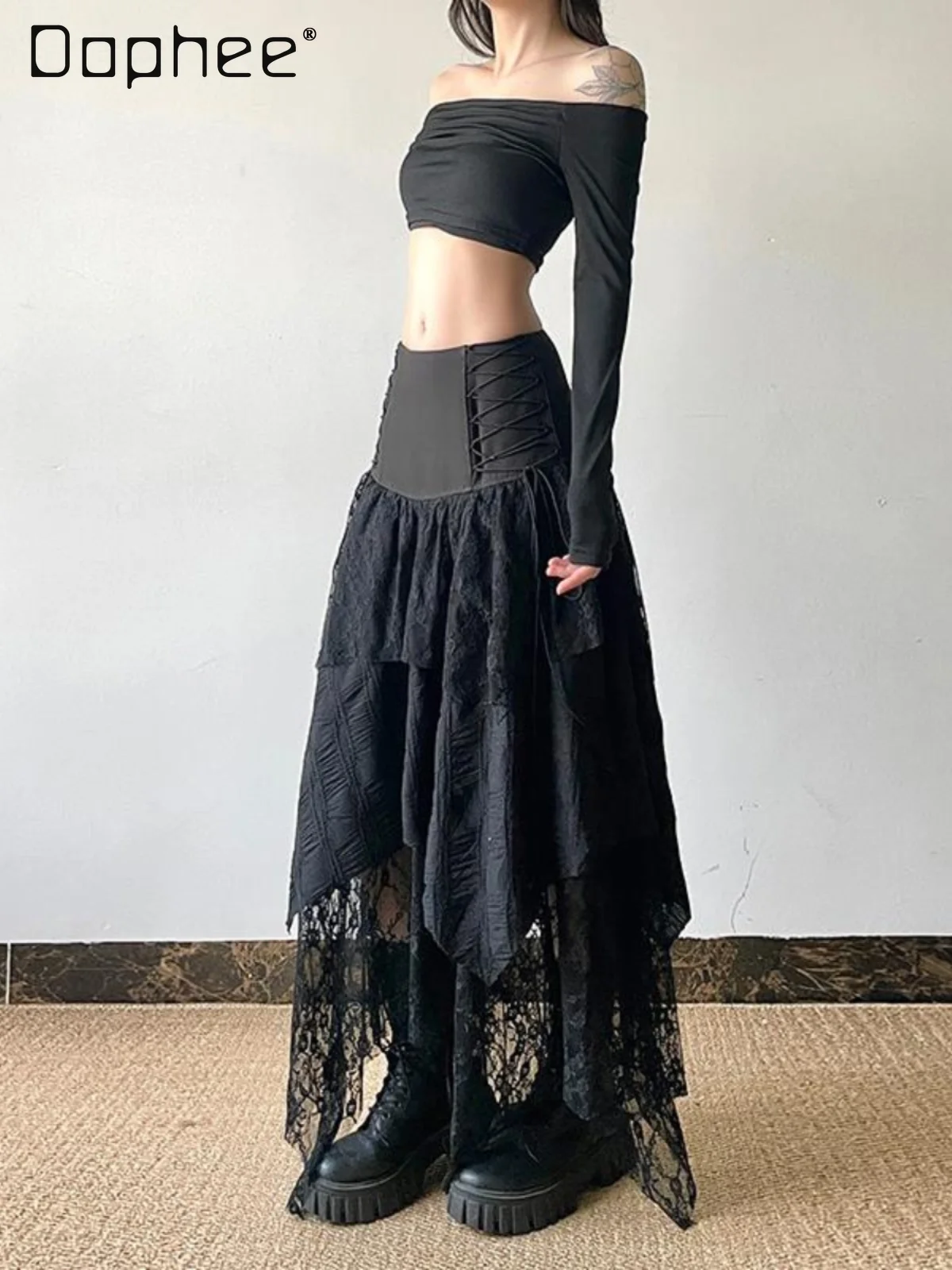 

Sexy Lace Splicing Skirt Women Spring New Punk Style High Waist Slim Irregular Mid-length Skirt Street Hot Girl Y2K Black Skirt