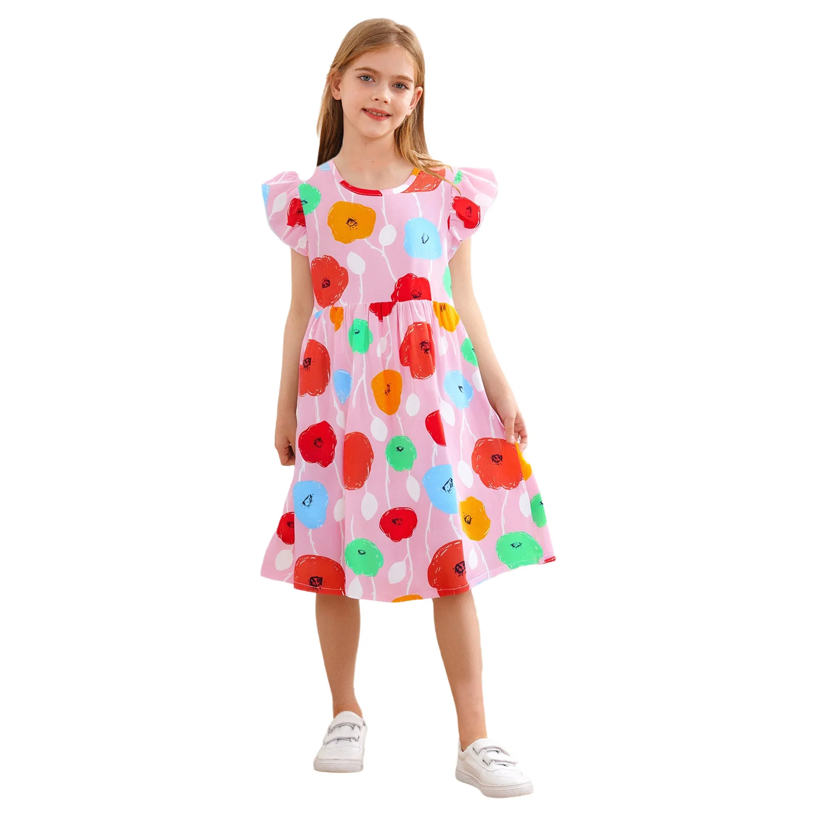 

Kids Girls Summer Dress Sweet Floral Print Round Neck Cap Sleeve Dress for Birthday Picnic Park Vacation Beach Casual Clothing