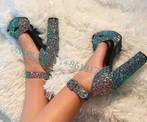 

Glitter Chunky High Heel Luxury Sandals Women Peep Toe Ankle Buckle Sandals BlingBling Lady Dress Platform Shoes Slingback