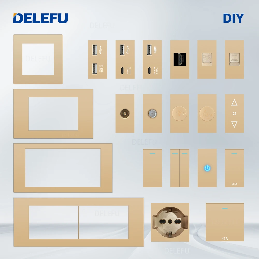 DELEFU Italian Socket DIY Whiteboard USB Type C Doorbell Switch 45A 20A Curtain Phone CAT5 TV HDMI SAT Gold image 3