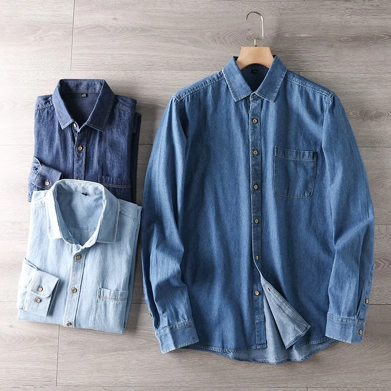 

Японская повседневная удобная дышащая рубашка из чистого хлопка высокого качества, новая мужская джинсовая рубашка с длинным рукавом, модная и стильная.