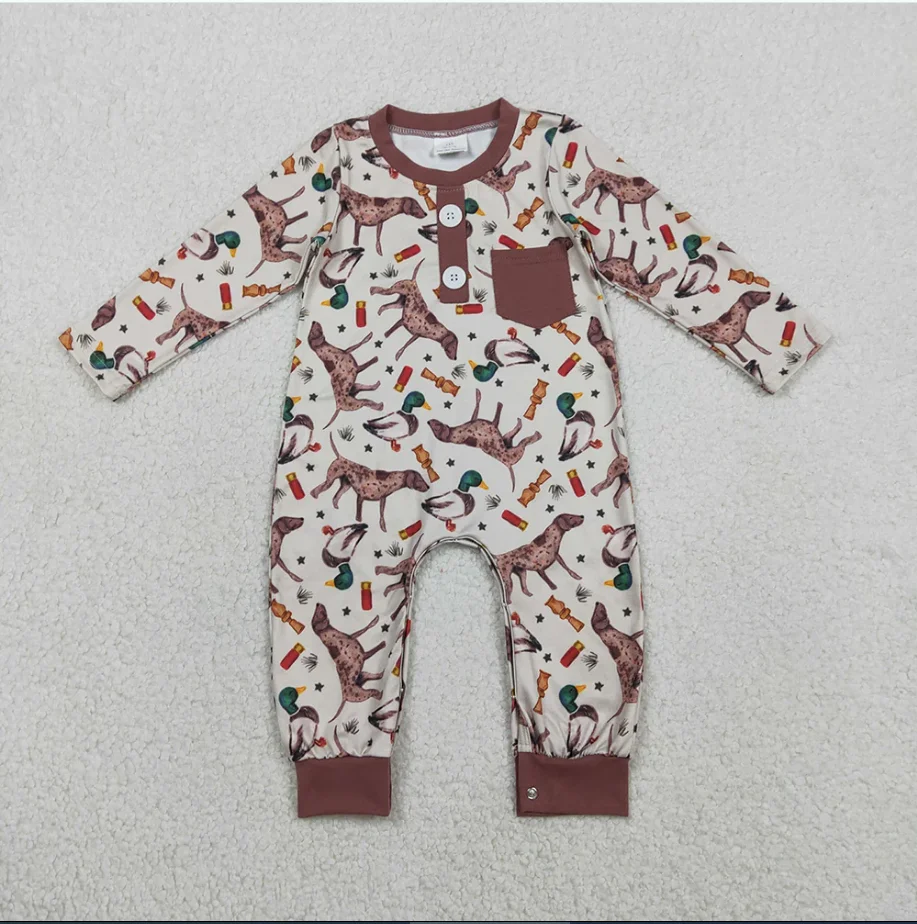 

Baby LR2576 Duck Dog Brown Print Pocket Baby Boys Fall Hunting Romper