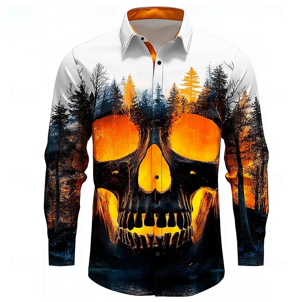 Men's Gothic Style Shirts 3D Print Skull Graphic Long Sleeve Tops Autumn Fashion Casual Lapel Button Clothes Halloween Theme Top