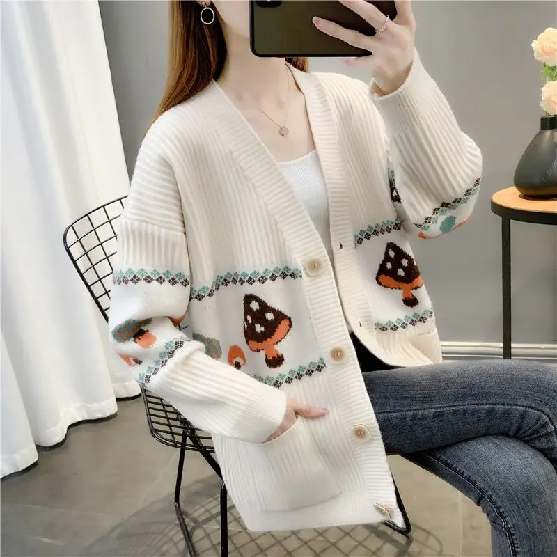 2023 New Lazy Style Women\'s Simple Embroidered Coat Loose Reducing Age Knitted Cardigan Spring and Autumn Button Long Sleeve Top