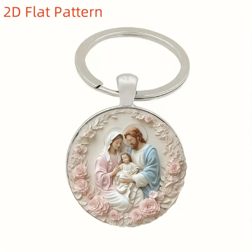 2D Flat Holy Family Keychain Favors Jesus Mary Joseph Key Ring Baptism/First Communion Souvenirs with Organza Bags & Thanks Tags view 5