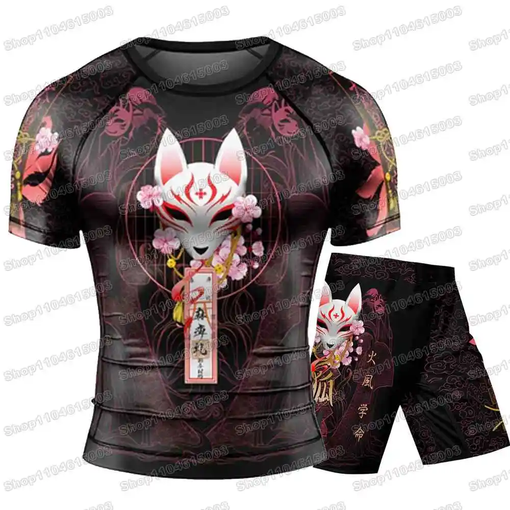 Kitsune Mask Wrestling  Rash Guards Surfing Jersey Beach Shirts Swimwear Diving Gym Shorts MMA BJJ Men Jiu Jitsu Fitness Sets