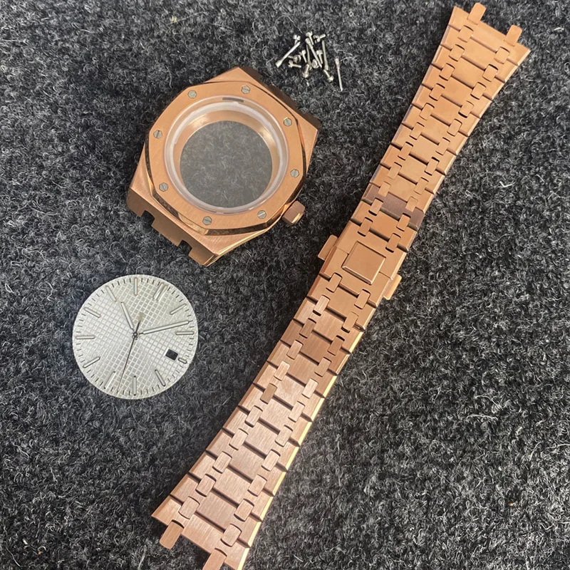 推奨クリスタル41mmピンクゴールドpvdステンレススチールケースストラップダイヤルとポイントスクリュークラウンパーツ