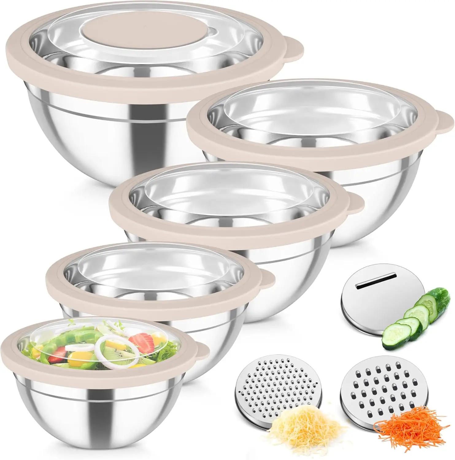 

Stainless Steel Mixing Bowls Set of 5 with Airtight Lids & 3 Graters for Kitchen Prep and Storage, Nesting Design