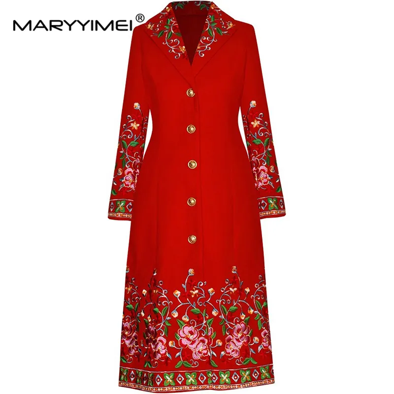 MARYYIMEI Autumn and Winter Women's Fashion Coat Notched Single-Breasted Long Sleeved Embroidery Design Black/Red Overcoat