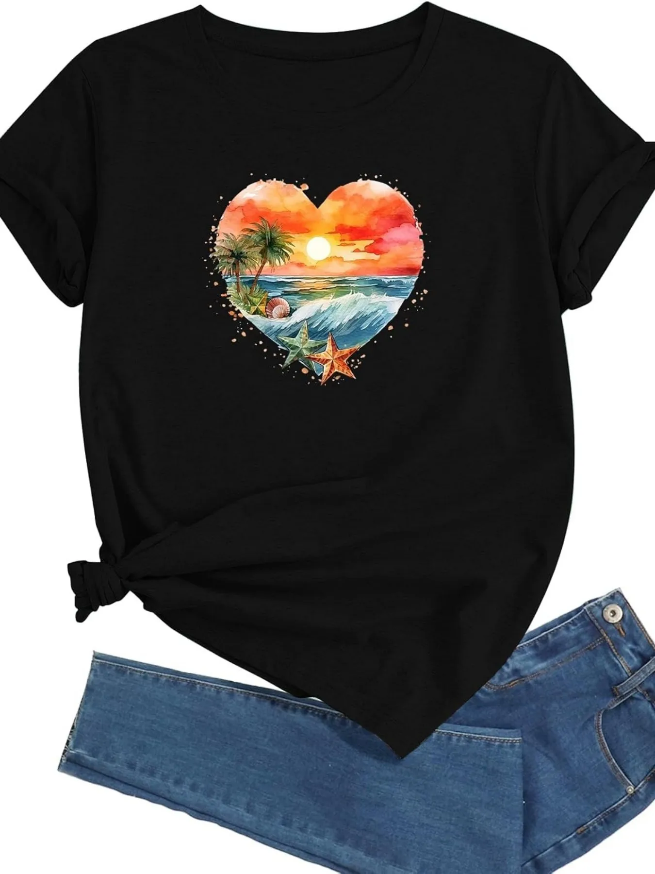 2026 Plus Size Women's Short Sleeve T-shirt Heart Sunset Beach Palm Starfish Breathable Fabric Summer Outfit Women's Clothing