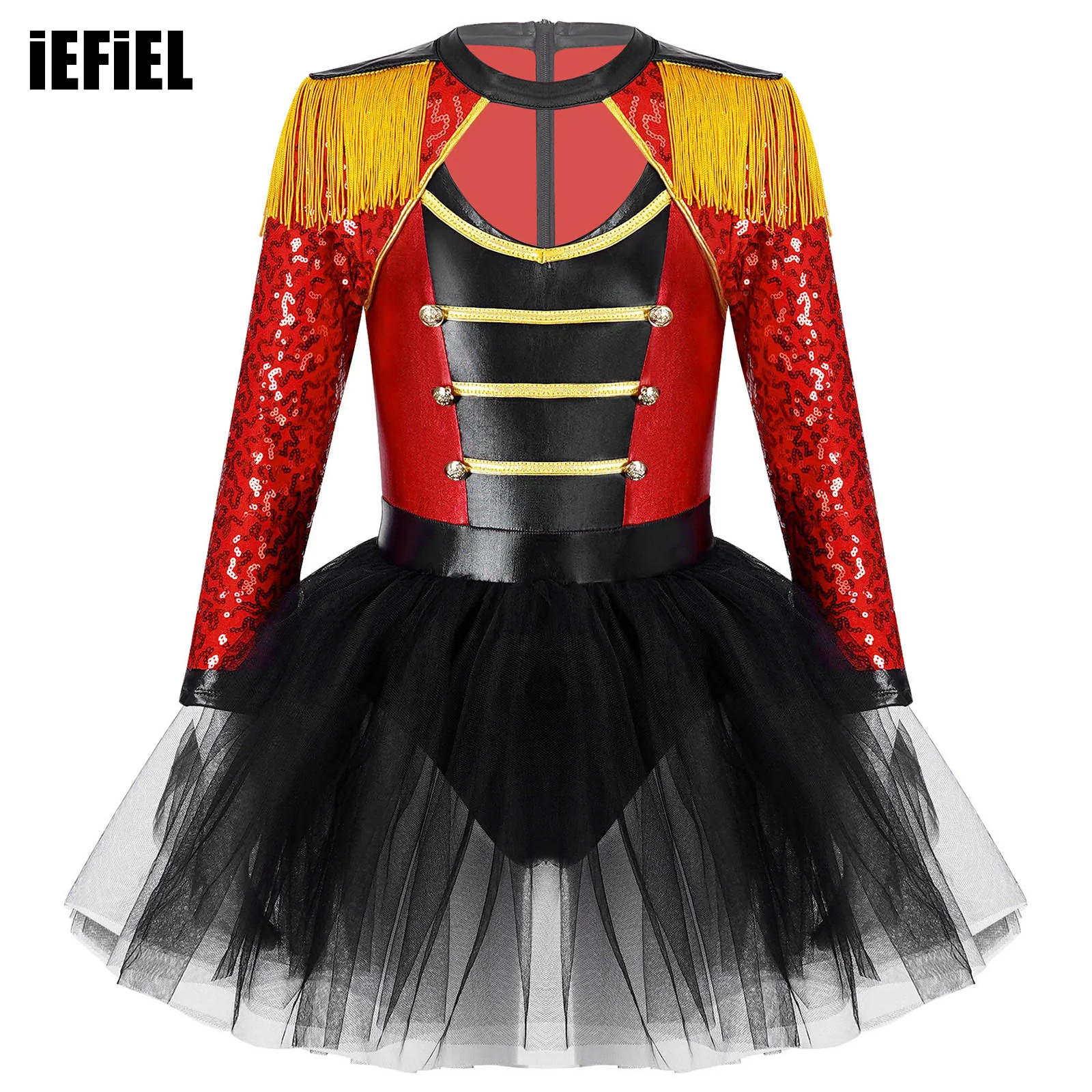 

Kids Girls Magician Circus Dress Up Costumes Long Sleeve Sequin Tassel Epaulet Tutu Skirt Built-in Brief Stage Garment