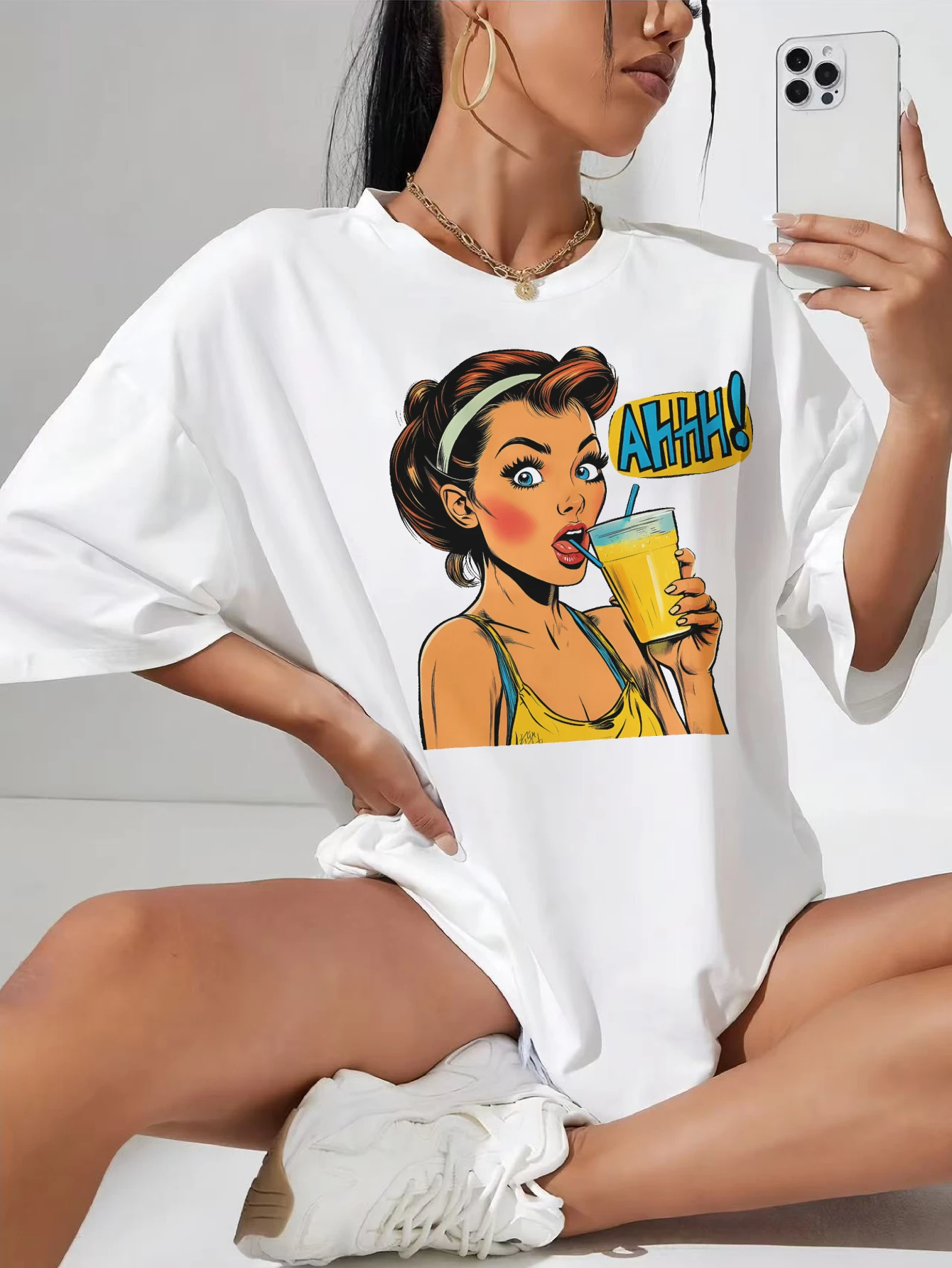 

Retro-Pop-Art-Comic-Summer Comfortable White T-Shirt for Women Loose Fit Perfect for Summer Relaxed Festival Vibes