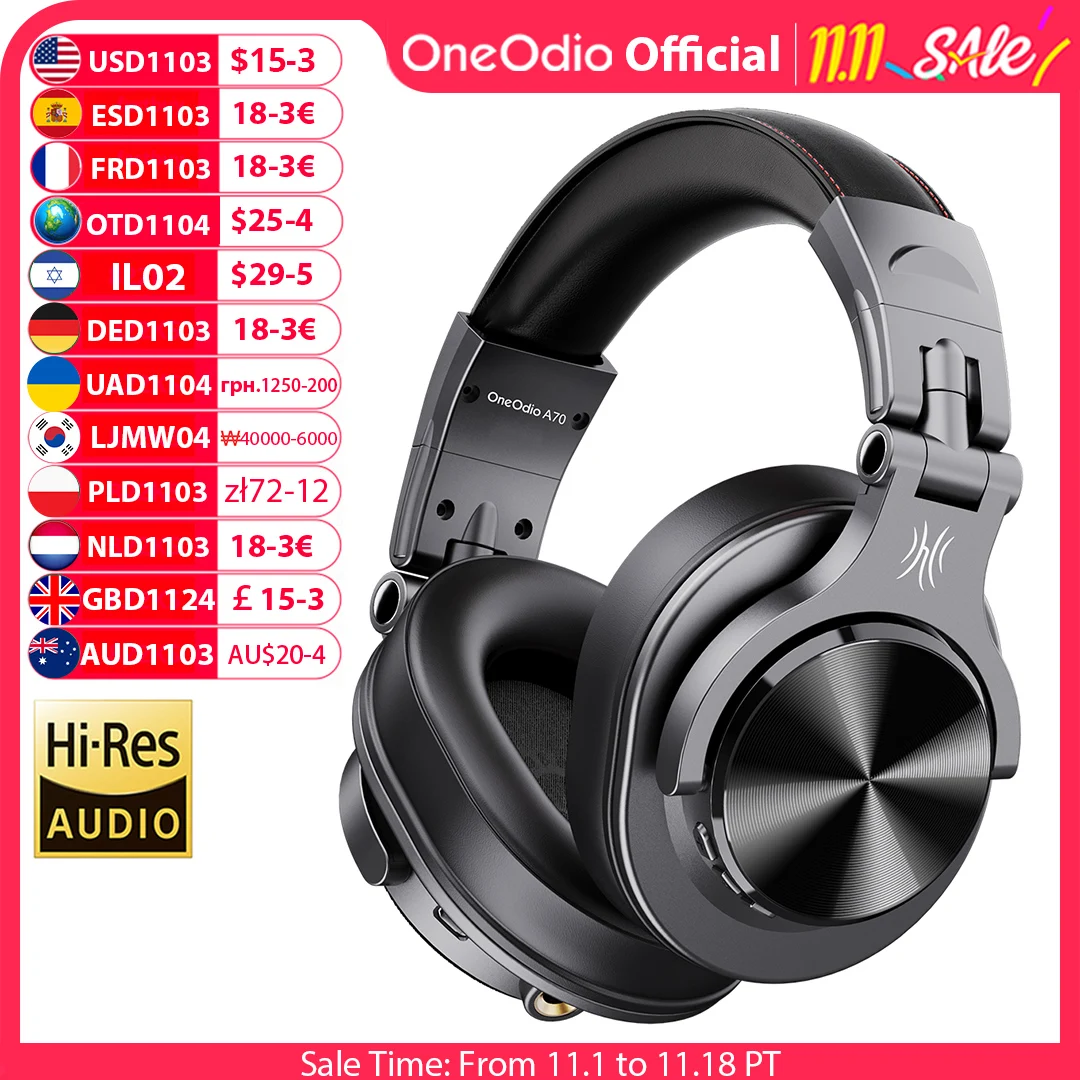 Dj Headphones Professional - OneOdio Fusion A70 Bluetoothヘッドホン、ハイレゾ対応、オーバーイヤー型、ワイヤレスヘッドセット、72時間駆動、プロフェッショナルスタジオモニター、DJ用、HiFiイヤホン。