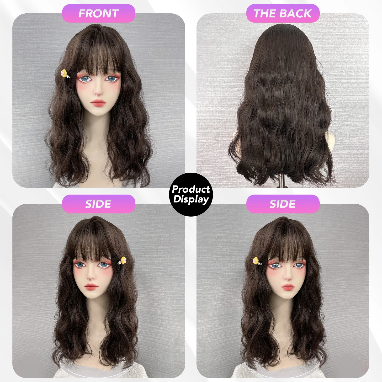 MEISU 18 Inch Water Curly Wave Bangs Wig Fiber Synthetic Heat-resistant Deep Wave Hair Natural Party or Selfie Cosplay Party