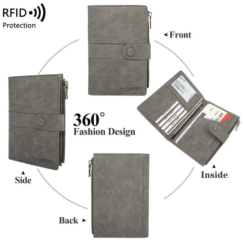 1Pc RFID Blocking Passport Holder Bag Zipper Hasp Travel Wallet with Ticket Inner Card Slot PU Leather Passport Cover Case Pouch