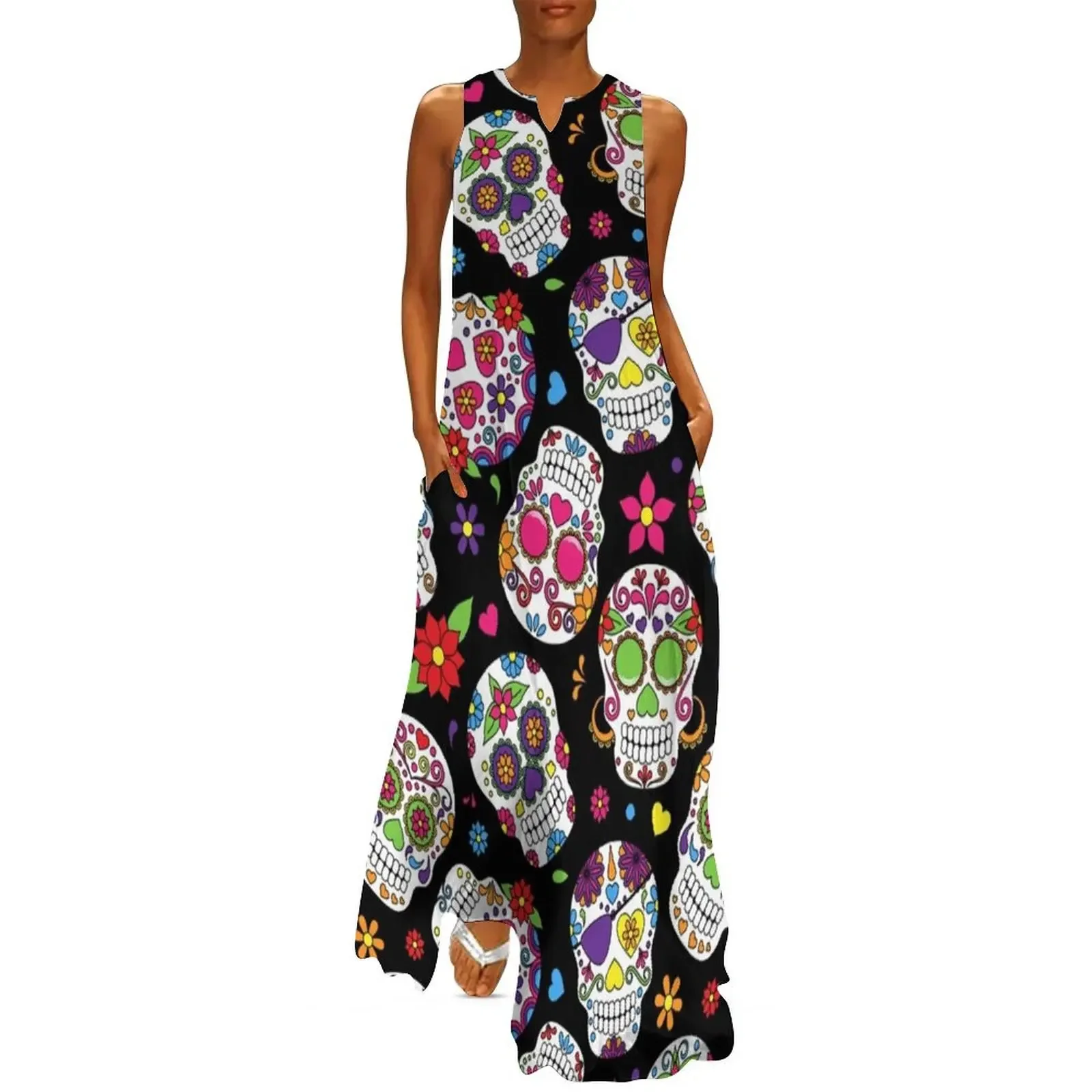 

Day of the Dead Sugar Skull Pattern dia de los muertos Halloween Día de Los Muertos Long Dress wedding dresses for parties Dress