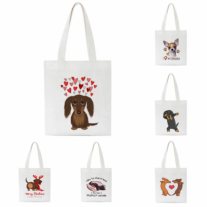 Cute Dog Printed Women Shoulder Bag Dachshund Pug Shopping Bags Ladies Cartoon Canvas Handbag High Capacity Streetwear Tote Bag