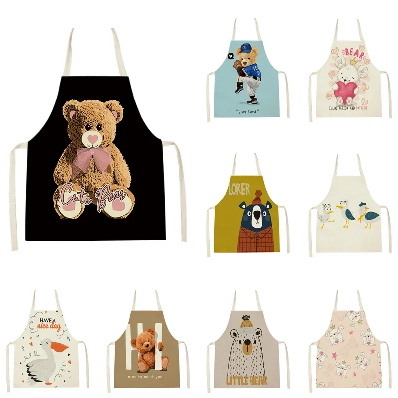 Animal Style Women Men Cooking Apron Adult Kids Sleeveless Linen Aprons Bear Cat Bird Printing Bibs Household Cleaning Pinafore