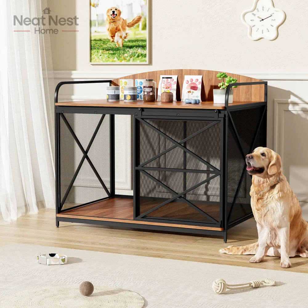 

42.8" Heavy Duty Large Dog Crate Furniture , Farmhouse Wooden Dog Kennel Indoor End Table, Decorative Pet House for Large Dogs