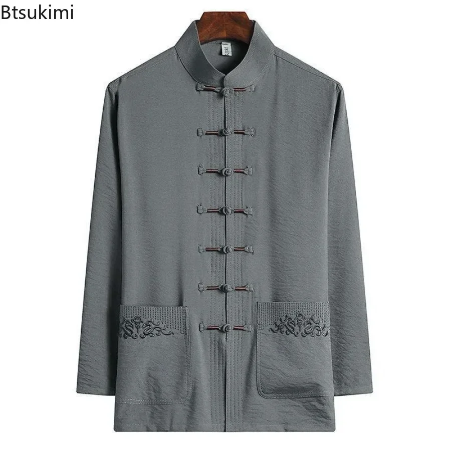 Traditional Chinese Style Men Hanfu Tang Suit Fashion Stand Collar Embroidery Tops 2025 Male Comfort Long Sleeve Ice Silk Shirts