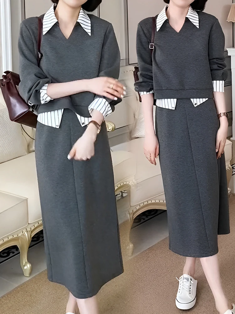 

2026 Spring Autumn Casual Fashion plus Size Patchwork Striped Shirt Half Skirt Two Piece Set Slimming Trendy Women's Wear