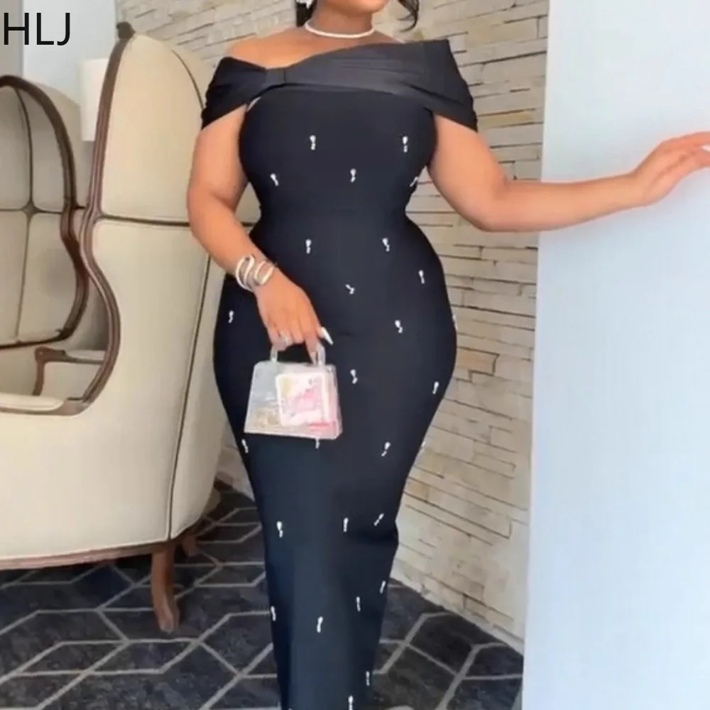 

HLJ Sexy Beading Ruched Patchwork Bodycon Dresses for Woman Solid Color Off Showlde Backless Dress Female Clubwear Vestidos New