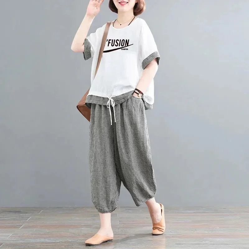 

Summer Women Retro Plaid Cotton Linen Top 2PCS Femme Leisure Loose Two-piece Set Korean Ladies Fashion Large Size 5XL Outfit