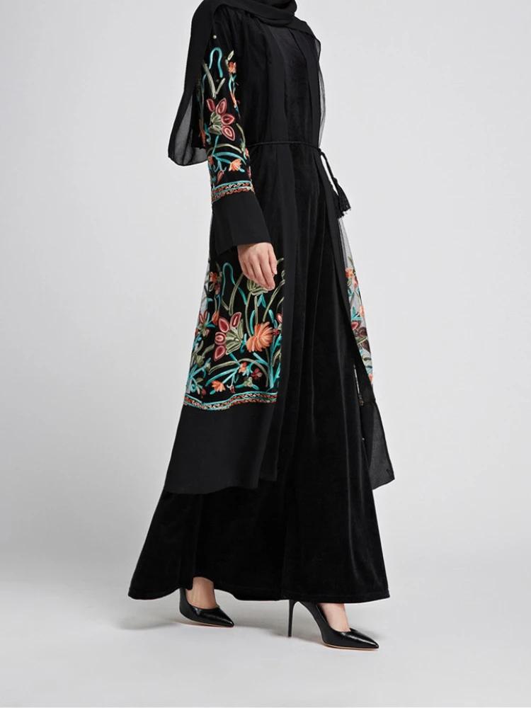 Elegant Embroidery Muslim Abaya for Women Eid Dress Morocco Ramadan Lace-up Abayas Kaftan Islam Cardigan Dubai Arab Long Robe