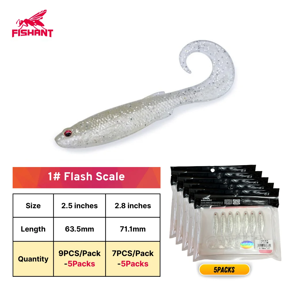 FISHANT Kleine echte vis met gekrulde staart, zacht kunstaas - Zinkend 2,5"(9PCS)/2,8"(7PCS) 3/5 pakjes, baarsaas voor Texas/Drop Shot/Ned Rig